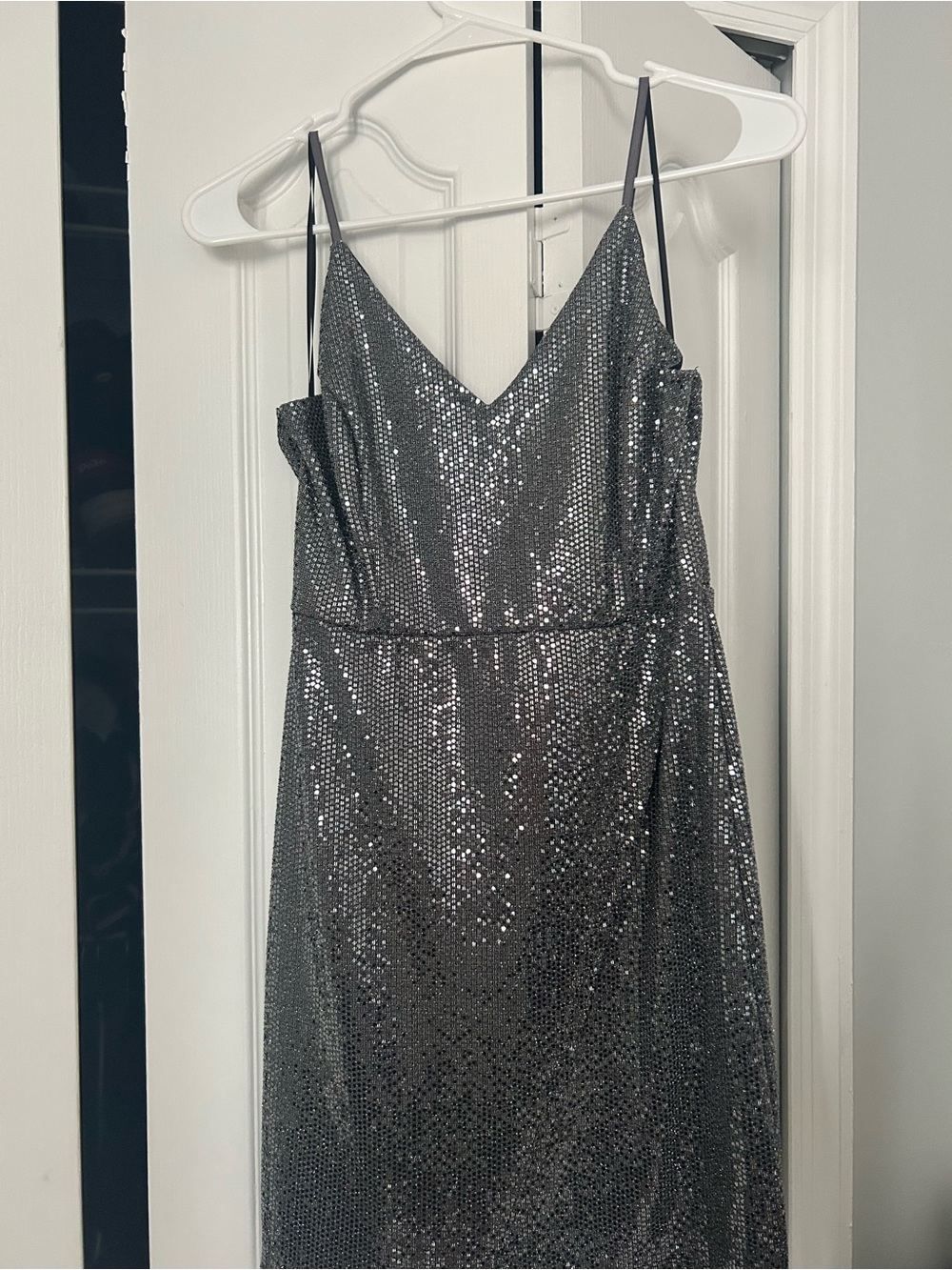 Guess Silver Sequin Spaghetti-Strap Prom Dress